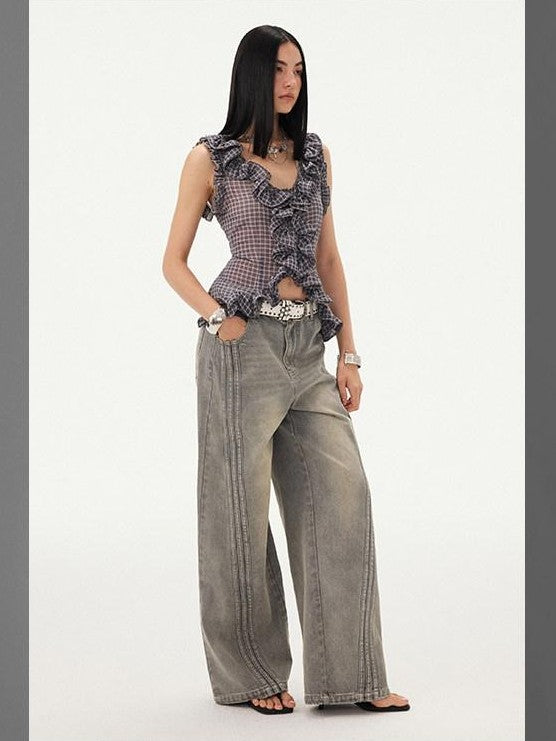 DIDDI MODA Mist Gray Blue Washed Textured Slight Stretch Striped Women&
