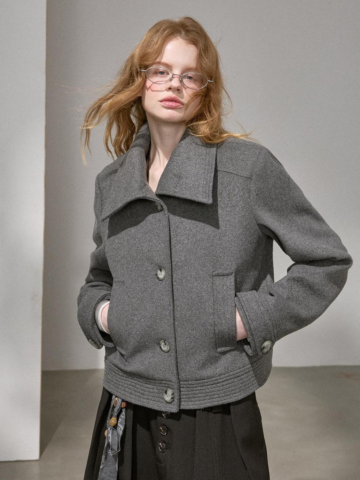 DIDDI MODA Morandi Gray Hooded Lapel Cropped Women&