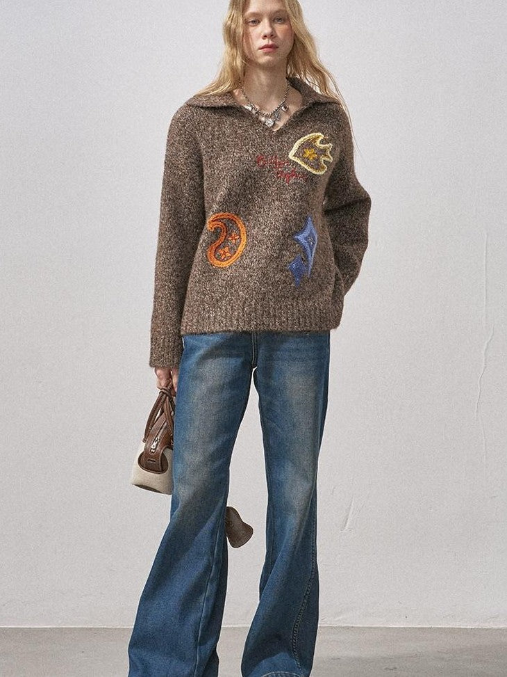 DIDDI MODA Multicolor Terry Embroidered Collar Loose Women&