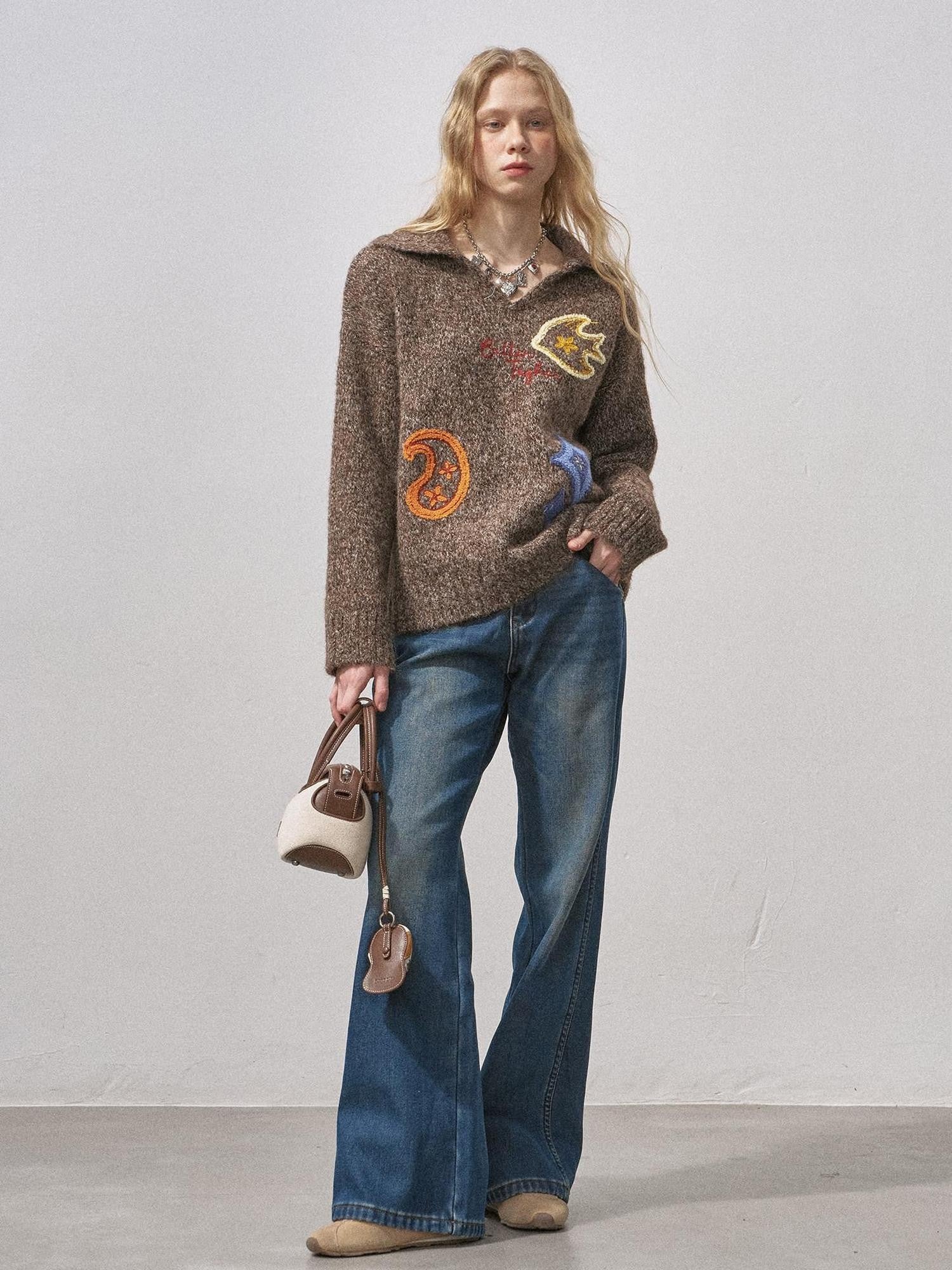 DIDDI MODA Multicolor Terry Embroidered Collar Loose Women&