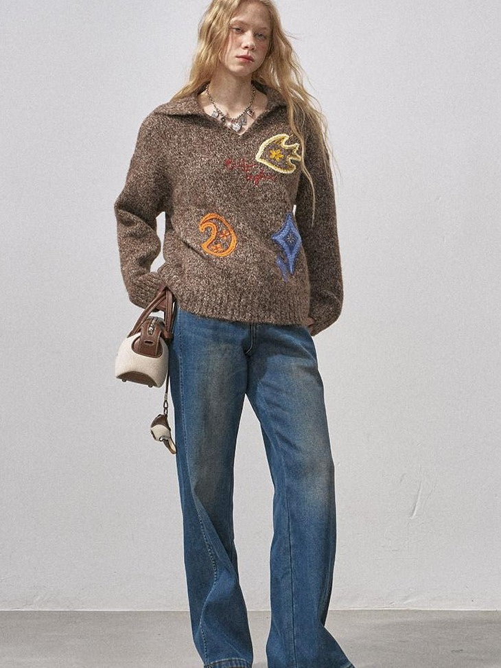 DIDDI MODA Multicolor Terry Embroidered Collar Loose Women&