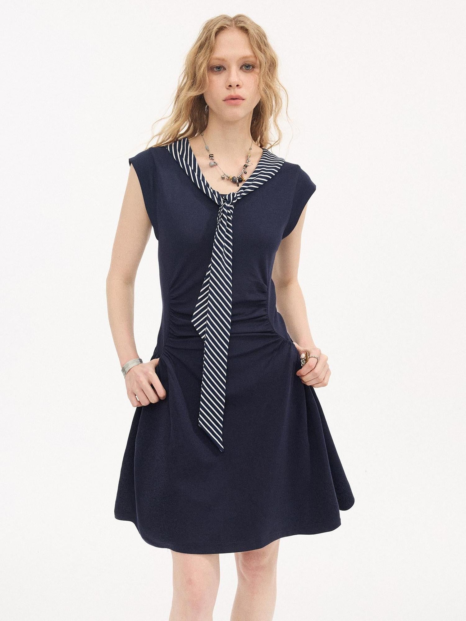 DIDDI MODA Navy Faux Two Piece Cap Sleeve V-neck Waist Cinched Women&