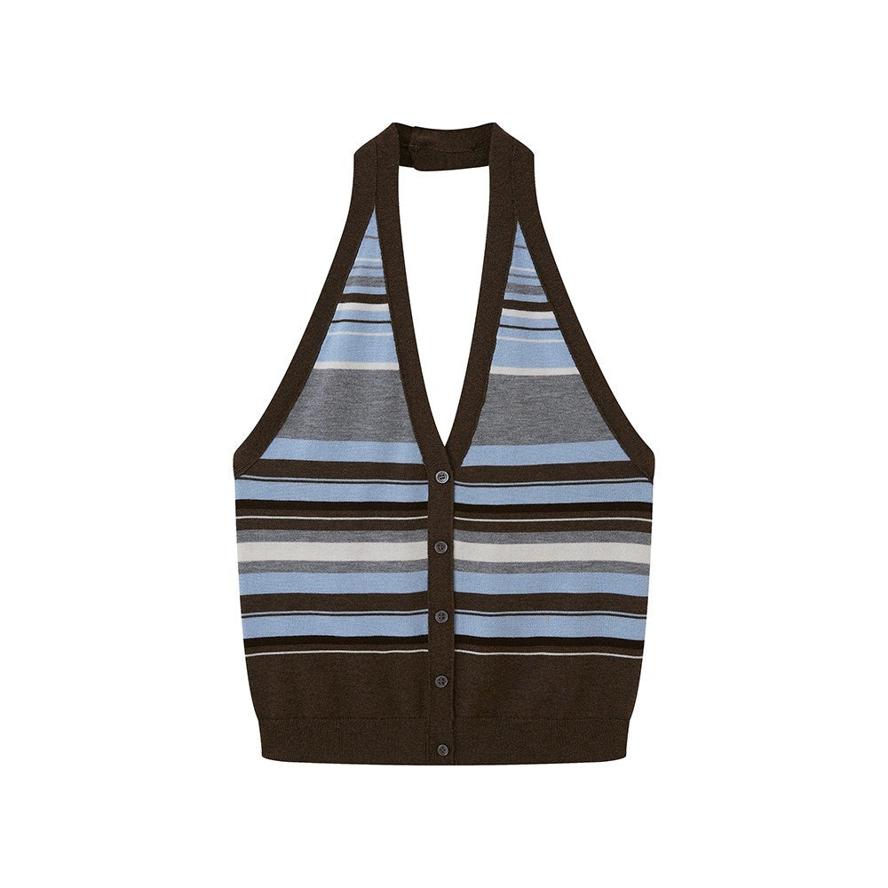 DIDDI_MODA_Navy_Striped_Halter_V-neck_Single_Button_Slim_Fit_Knit_Webbing_Women&