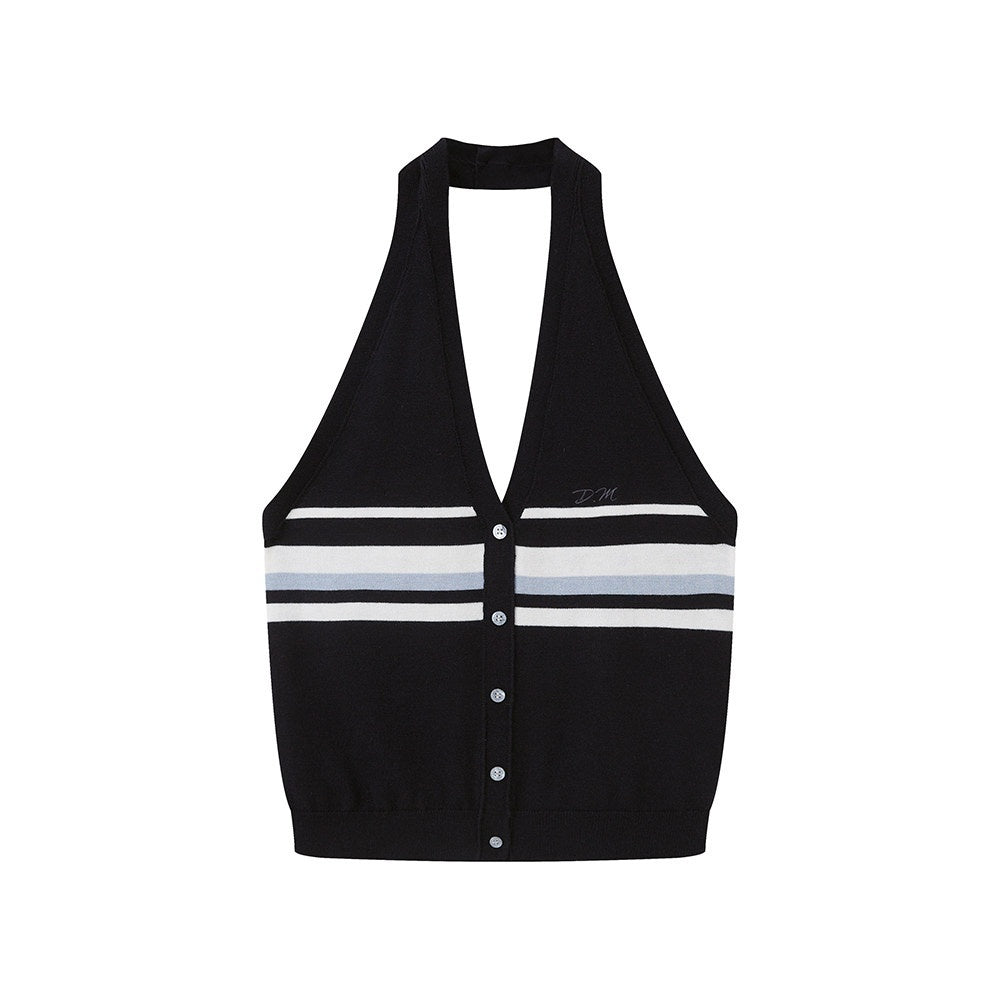 DIDDI_MODA_Navy_Striped_Halter_V-neck_Single_Button_Slim_Fit_Knit_Webbing_Women&