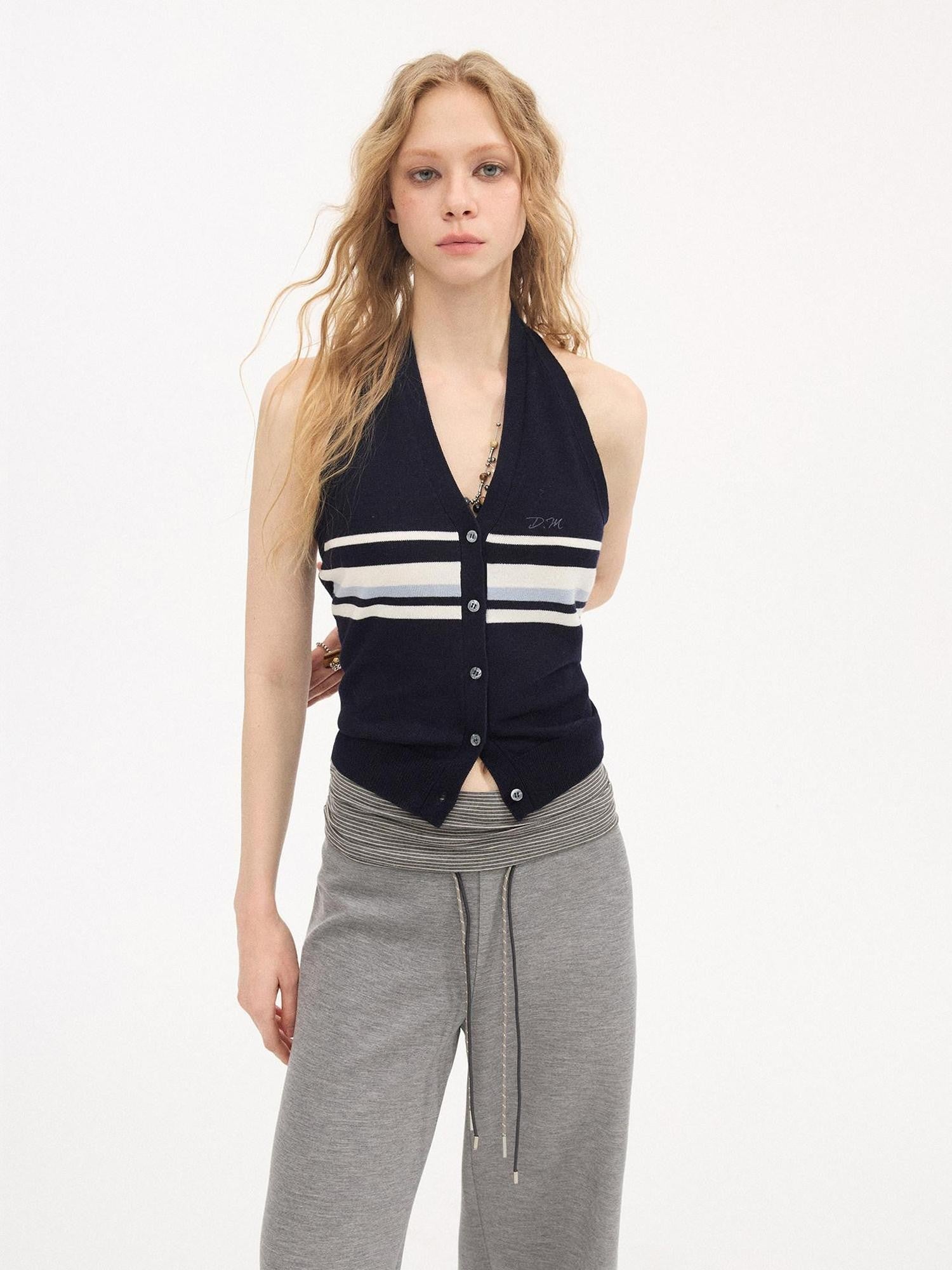 DIDDI MODA Navy Striped Halter V-neck Single Button Slim Fit Knit Webbing Women&