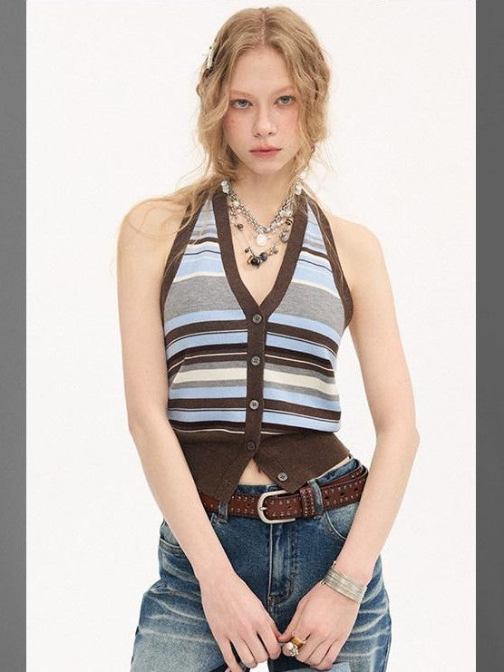 DIDDI MODA Navy Striped Halter V-neck Single Button Slim Fit Knit Webbing Women&