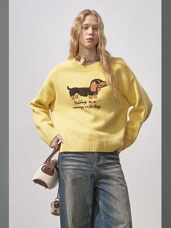 DIDDI MODA Oatmeal Dachshund Knit Round Neck Women&