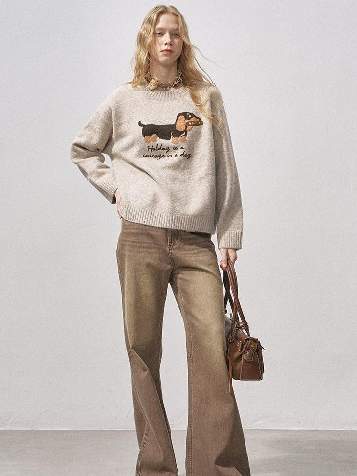 DIDDI MODA Oatmeal Dachshund Knit Round Neck Women&