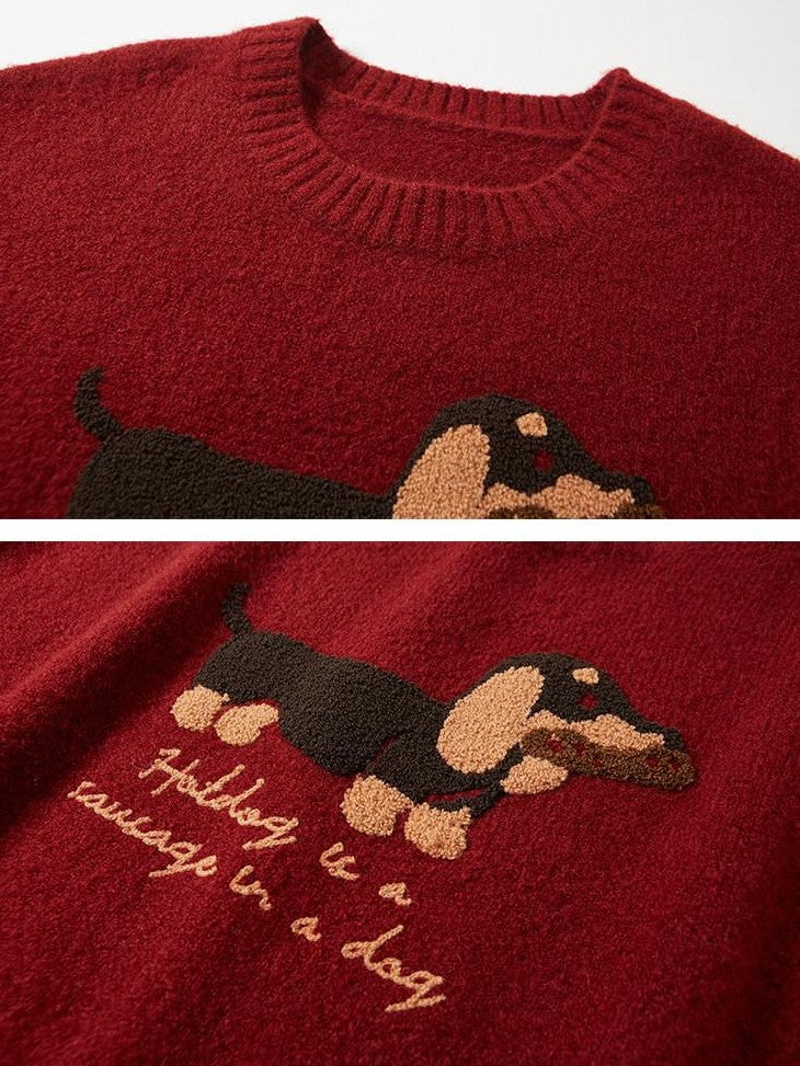 DIDDI MODA Oatmeal Dachshund Knit Round Neck Women&