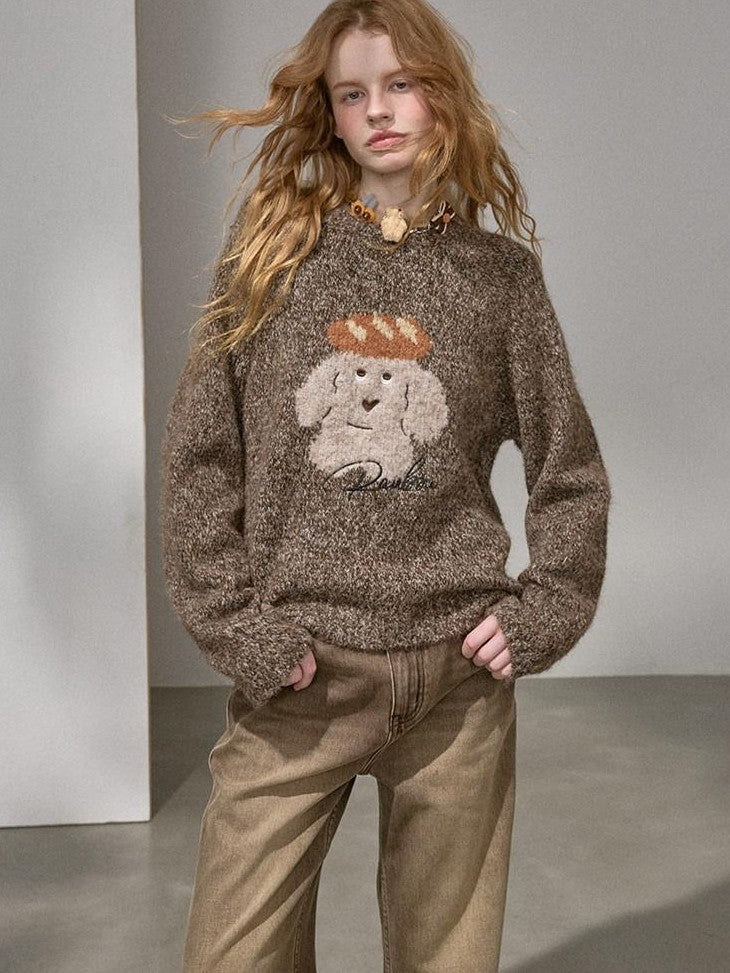 DIDDI MODA Oatmeal Puppy Motif Roundneck Oversized Women&