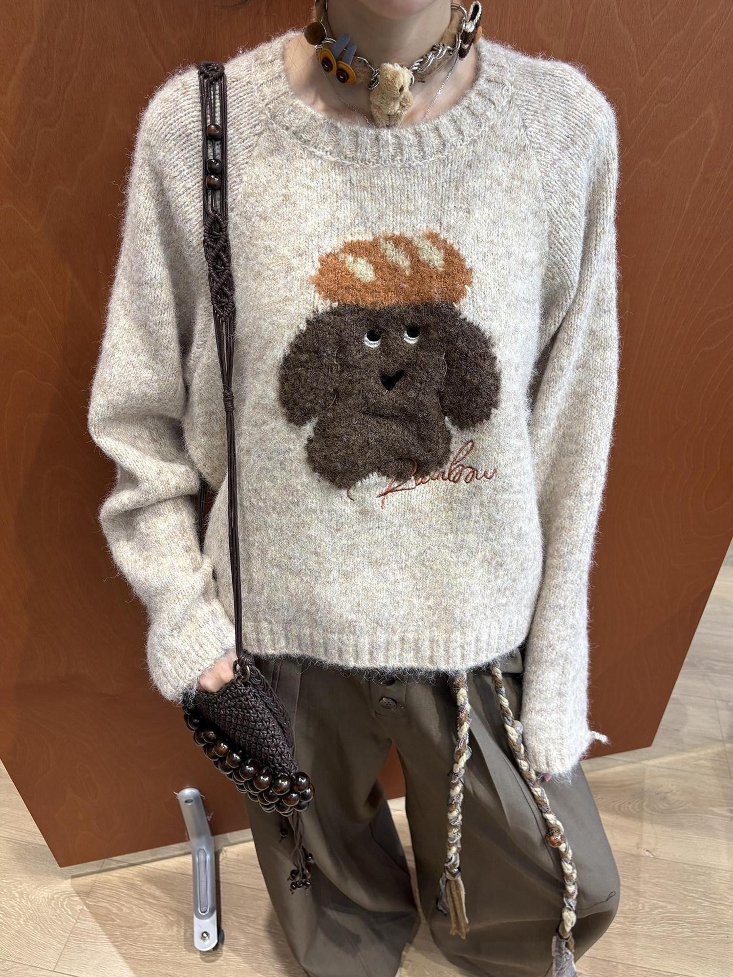 DIDDI MODA Oatmeal Puppy Motif Roundneck Oversized Women&