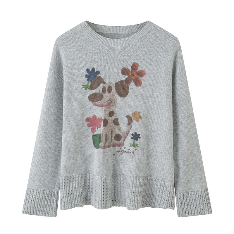 DIDDI_MODA_Oatmeal_V-neck_Puppy_Motif_Loose_Fit_Princess_Women&