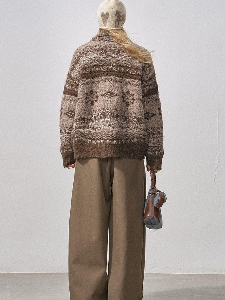 DIDDI MODA Ombre Fair Isle Floral Dyed Oversized Zip Crewneck Women&