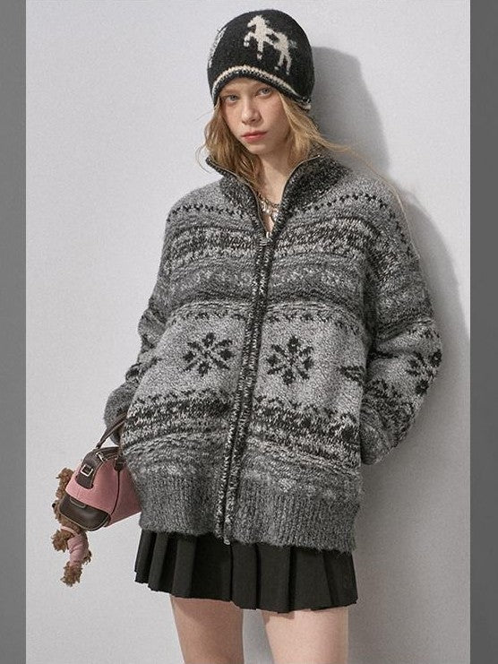 DIDDI MODA Ombre Fair Isle Floral Dyed Oversized Zip Crewneck Women&