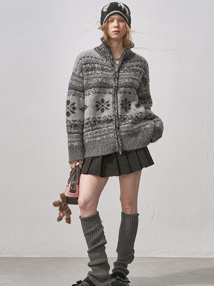 DIDDI MODA Ombre Fair Isle Floral Dyed Oversized Zip Crewneck Women&