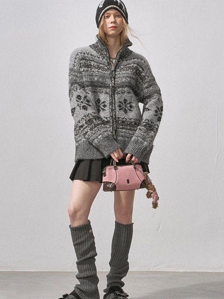 DIDDI MODA Ombre Fair Isle Floral Dyed Oversized Zip Crewneck Women&