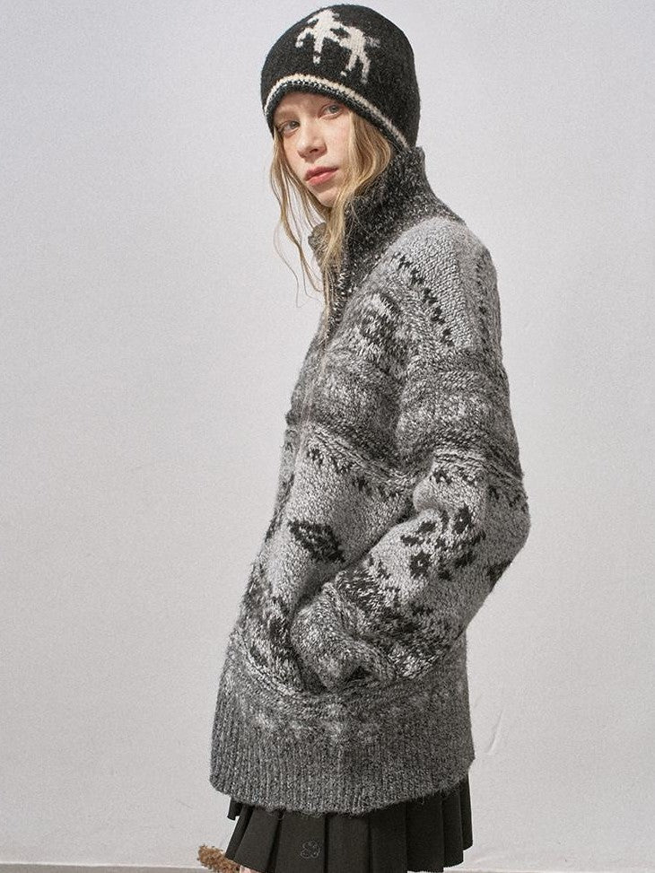 DIDDI MODA Ombre Fair Isle Floral Dyed Oversized Zip Crewneck Women&