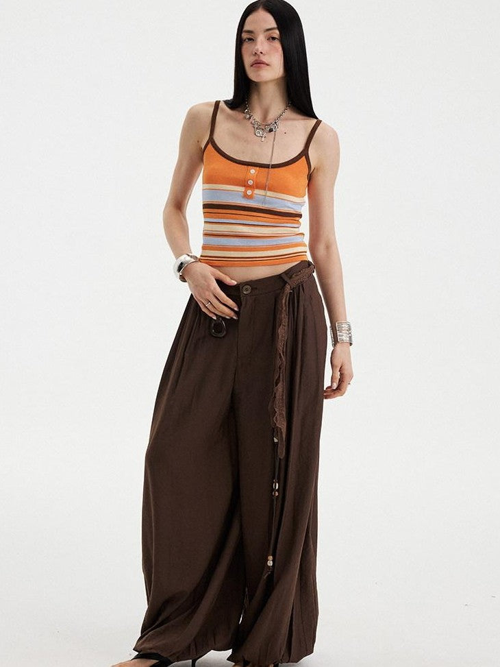 DIDDI MODA Orange Brown Striped Knit U Neck Cropped Tape Trim Women&