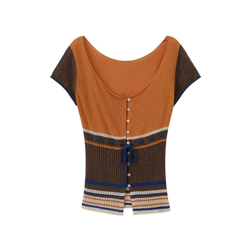 DIDDI_MODA_Orange_Coffee_Colorblock_Striped_Knit_U_Neck_Women&