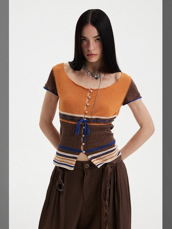 DIDDI MODA Orange Coffee Colorblock Striped Knit U Neck Women&
