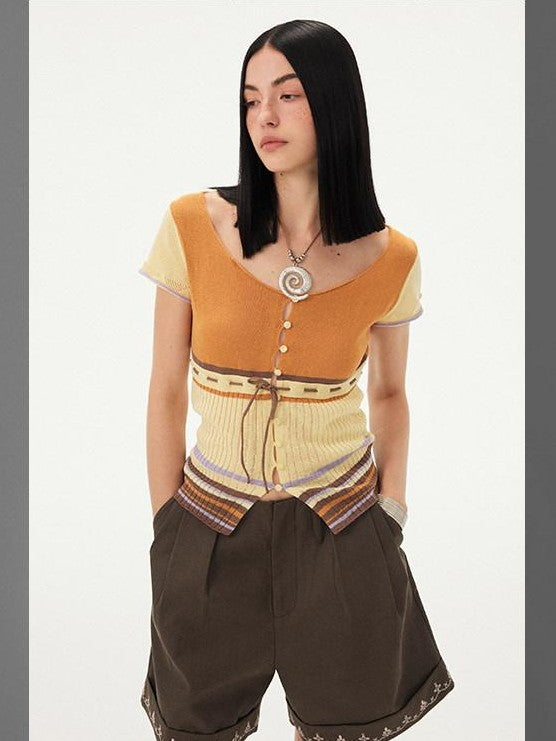 DIDDI MODA Orange Coffee Colorblock Striped Knit U Neck Women&