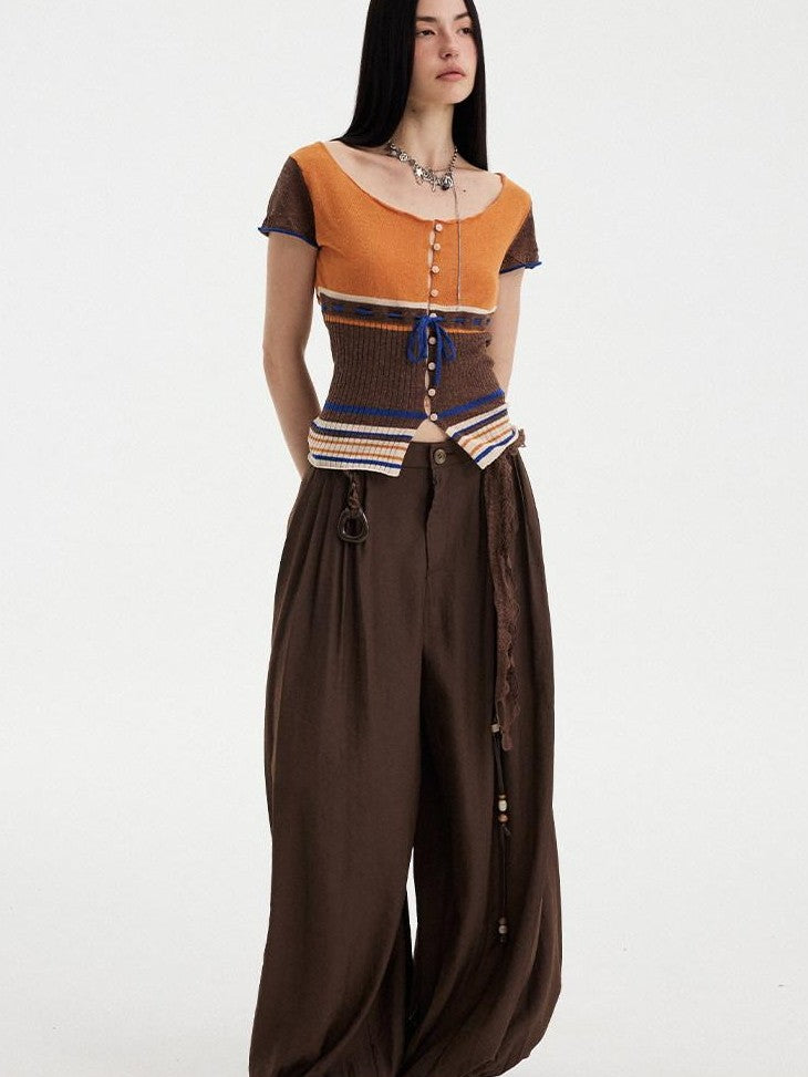 DIDDI MODA Orange Coffee Colorblock Striped Knit U Neck Women&