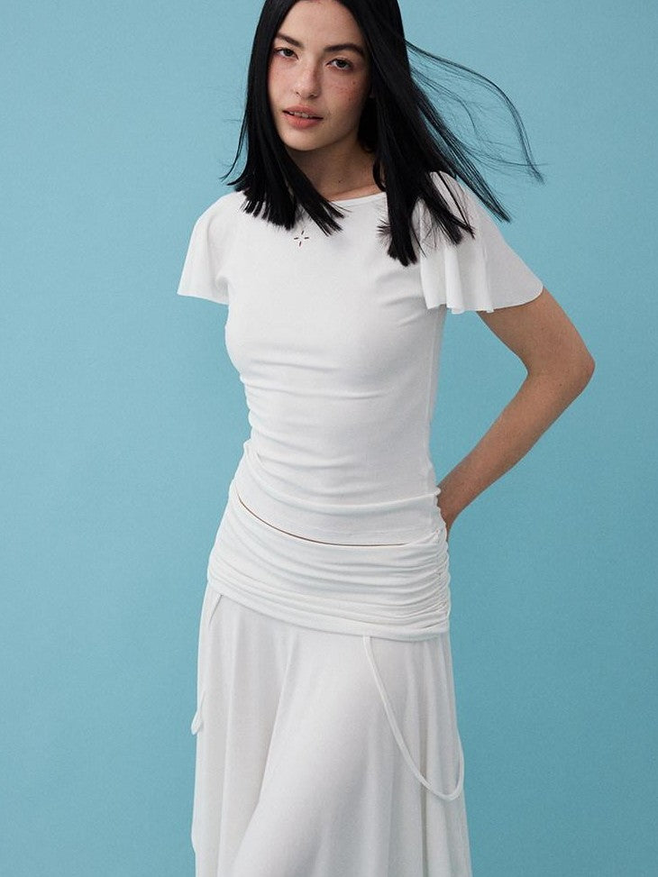 DIDDI MODA Oxygen White Soft U Neck Backless Slim Fit Flutter Sleeve Women&