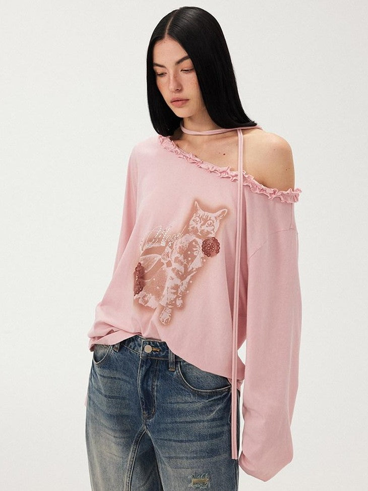 DIDDI MODA Pale Pink Polka Dot Cat Print Off Shoulder Ruffle Women&