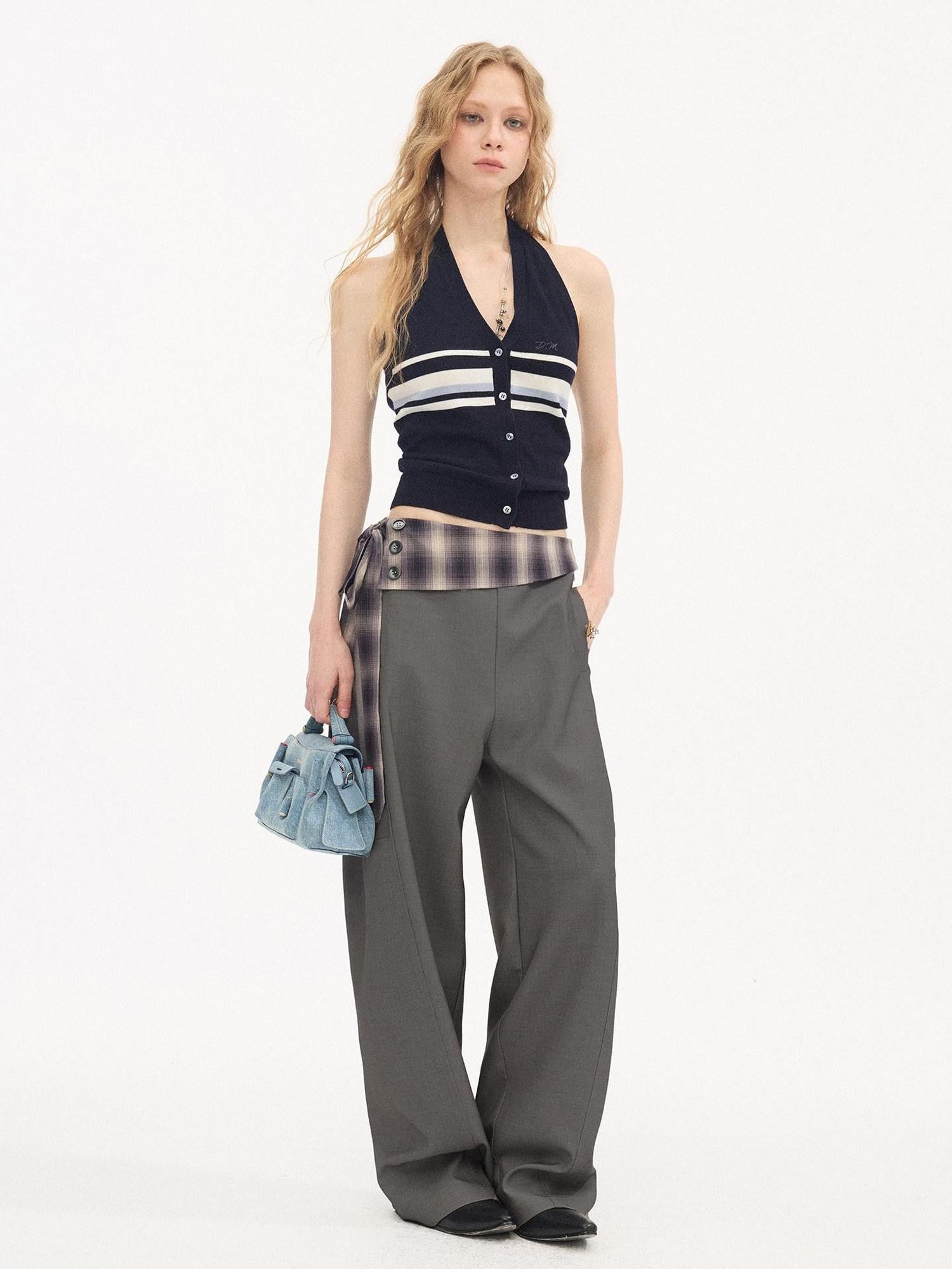 DIDDI MODA Plaid Foldover Tie Waist Drapey Women&