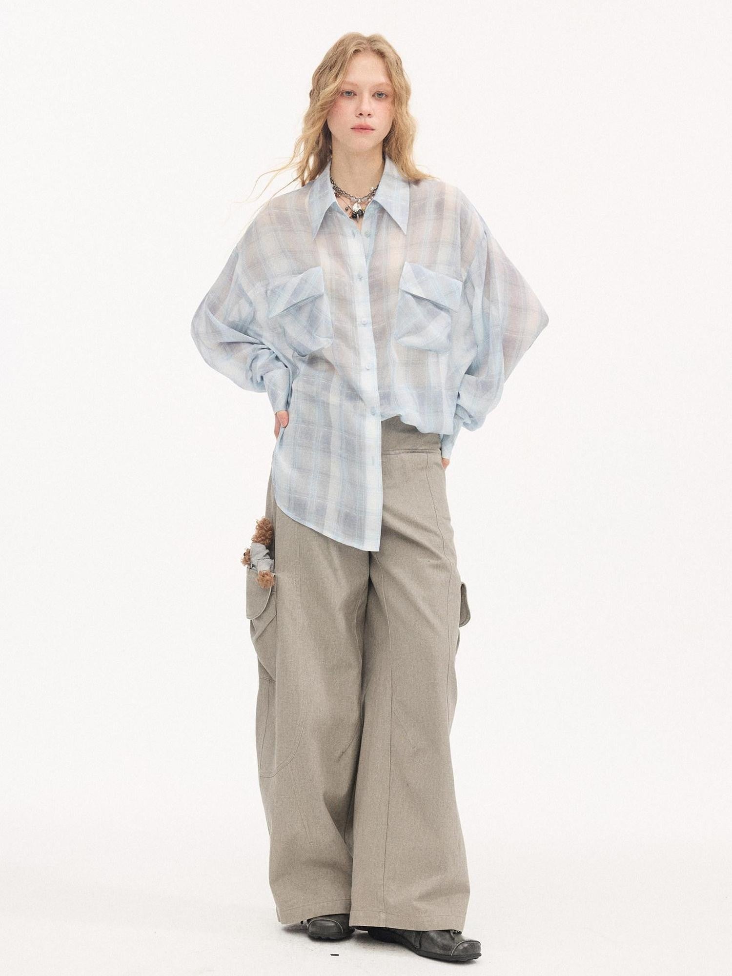 DIDDI MODA Plaid Large Pocket Lantern Sleeve Tie Waist Women&