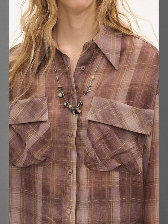 DIDDI MODA Plaid Large Pocket Lantern Sleeve Tie Waist Women&
