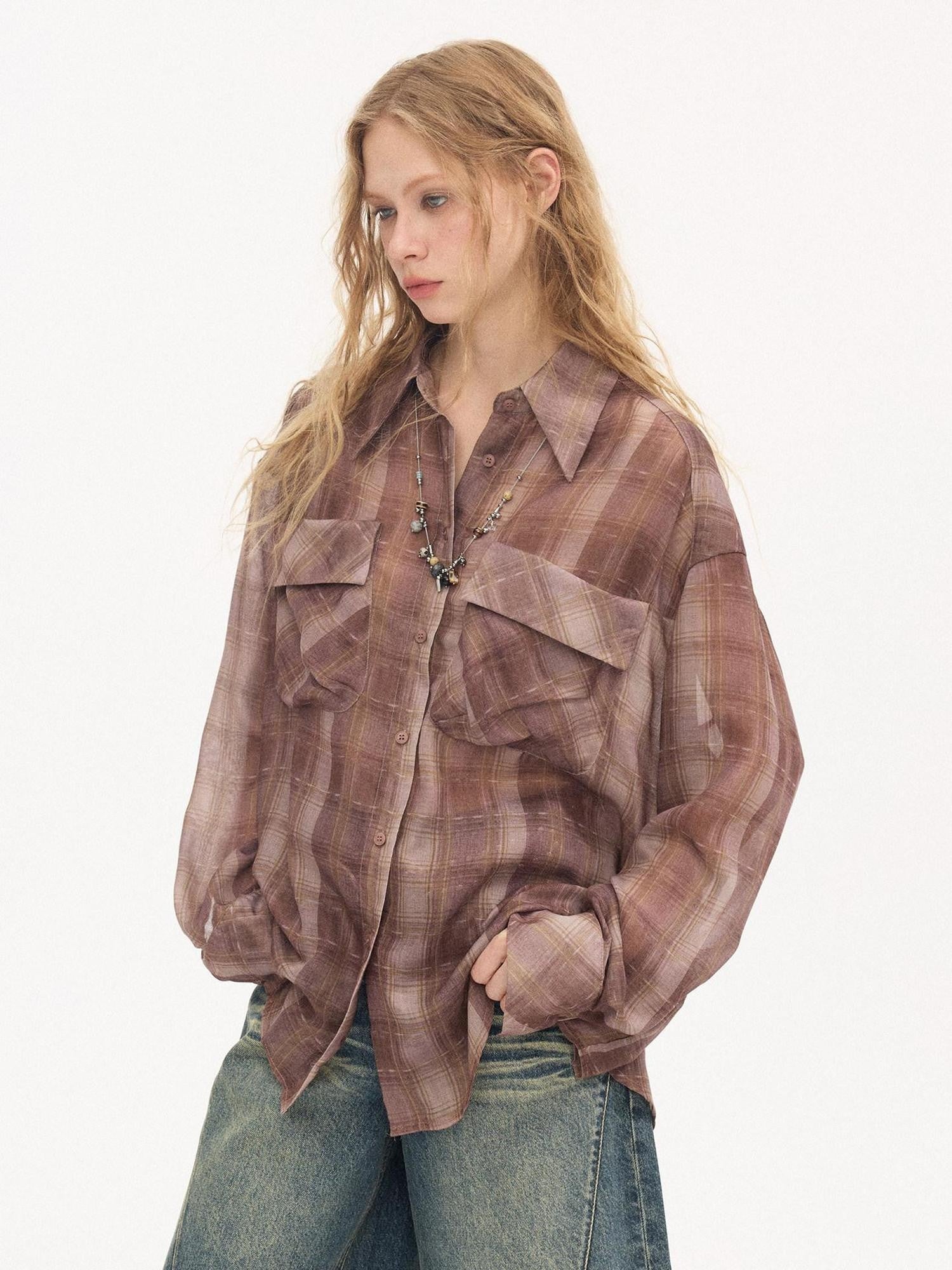 DIDDI MODA Plaid Large Pocket Lantern Sleeve Tie Waist Women&