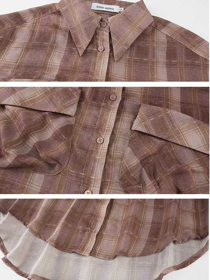 DIDDI MODA Plaid Large Pocket Lantern Sleeve Tie Waist Women&