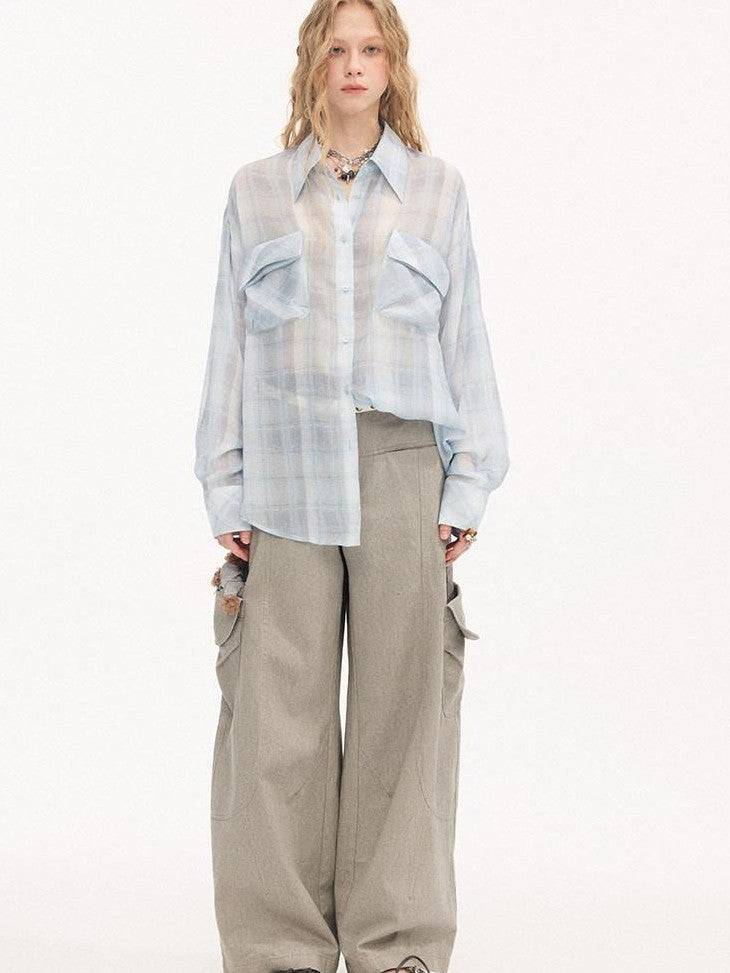 DIDDI MODA Plaid Large Pocket Lantern Sleeve Tie Waist Women&