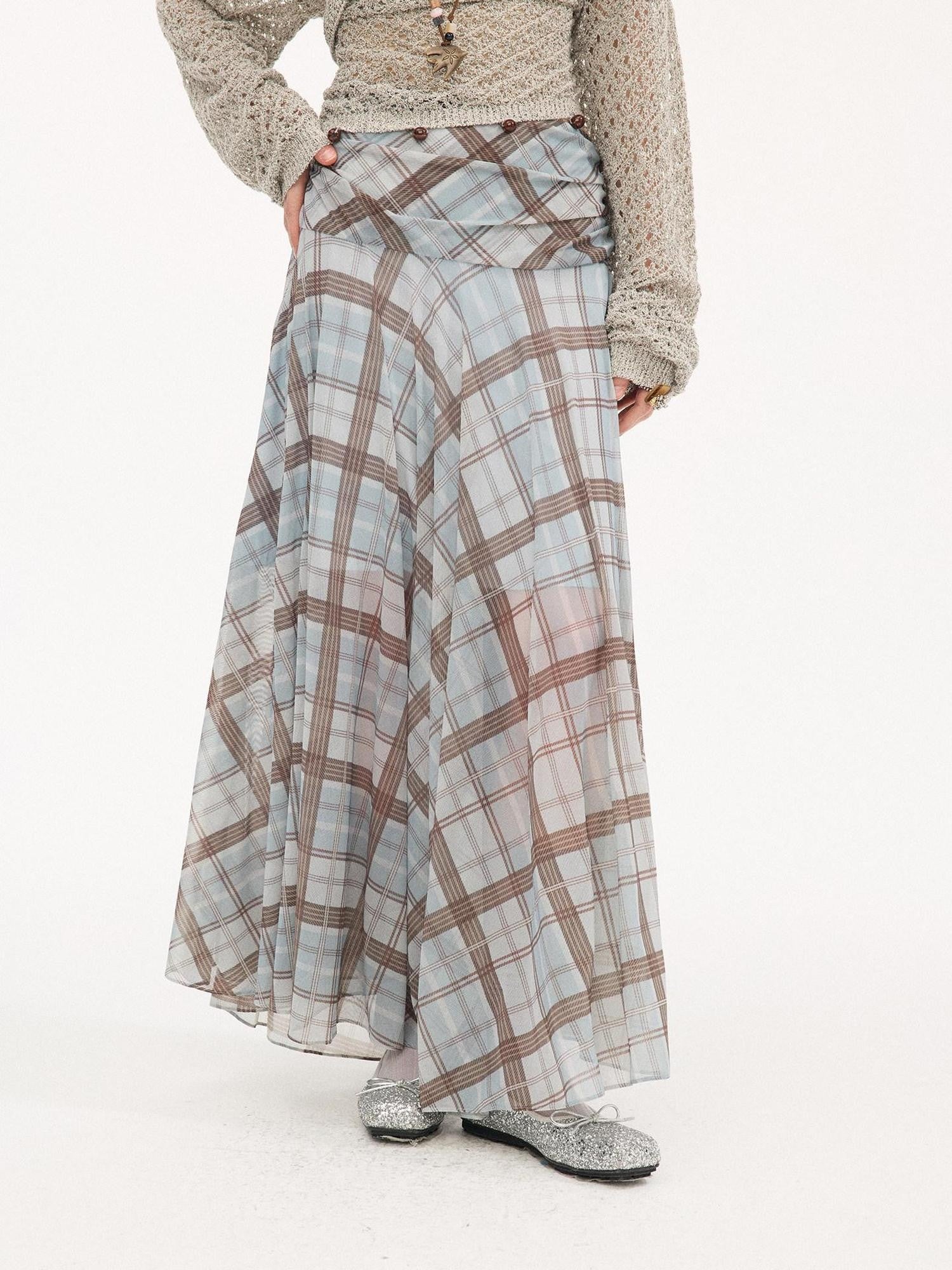 DIDDI MODA Plaid Print Ruched Waist Flared Fairy Women&