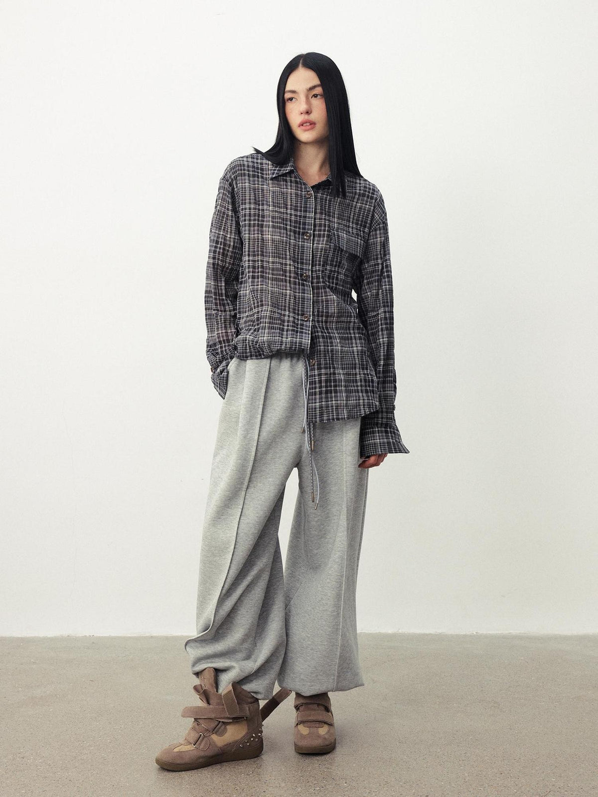 DIDDI MODA Plaid Textured Drop Shoulder Lapel Long Sleeve Women&