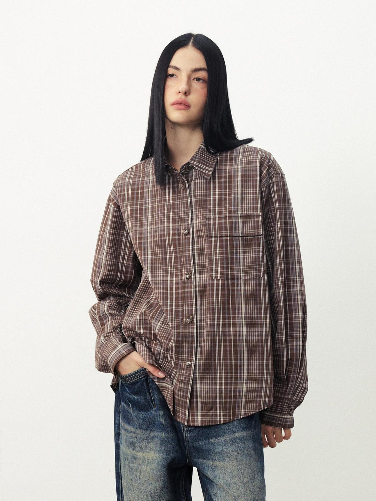 DIDDI MODA Plaid Textured Drop Shoulder Lapel Long Sleeve Women&