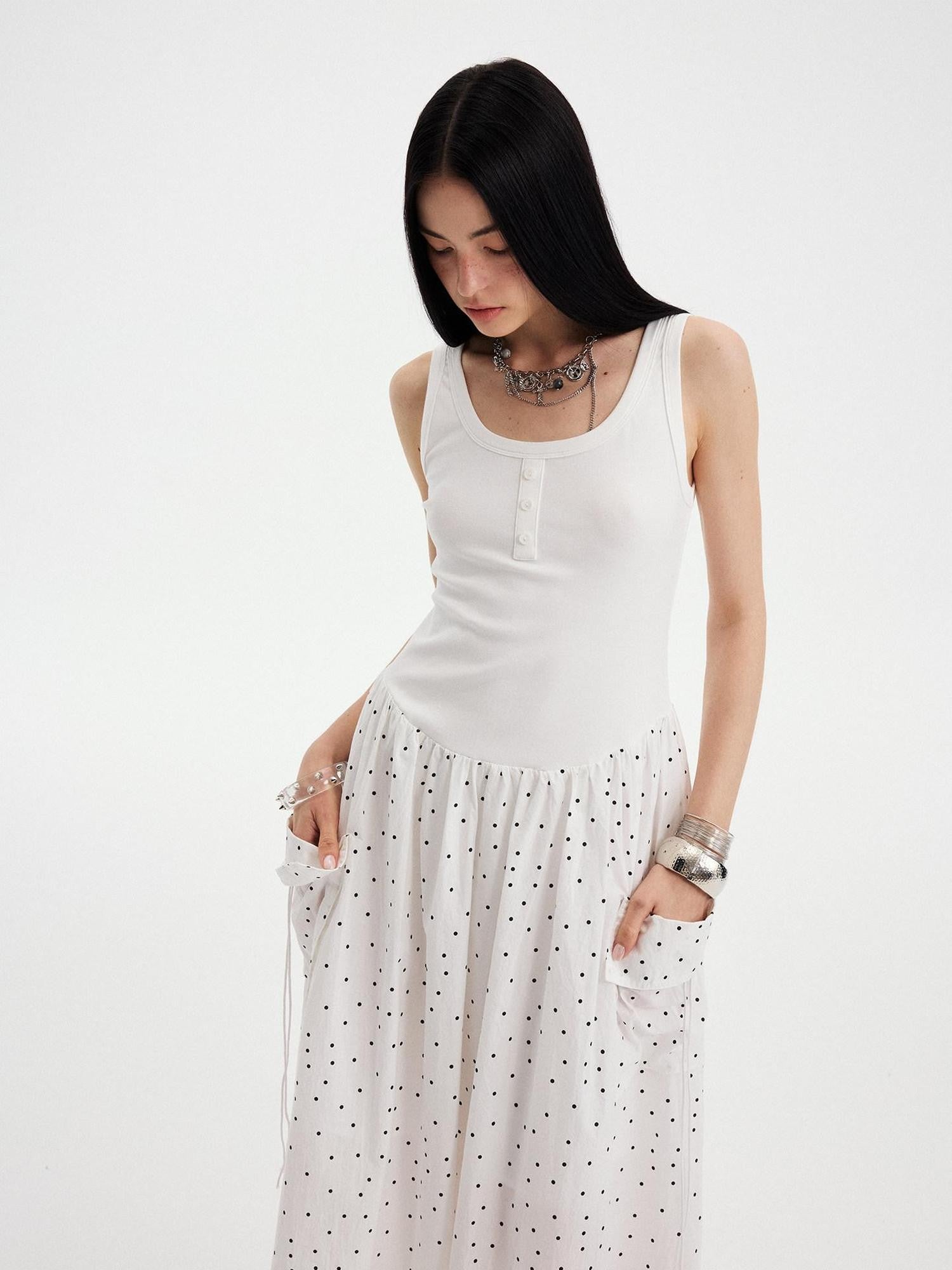 DIDDI MODA Polka Dot A Line Round Neck Sleeveless Women&