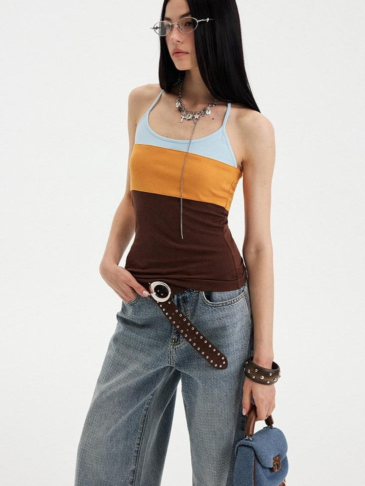 DIDDI MODA Polka Dot Patchwork Halter Bandeau Colorblock Women&