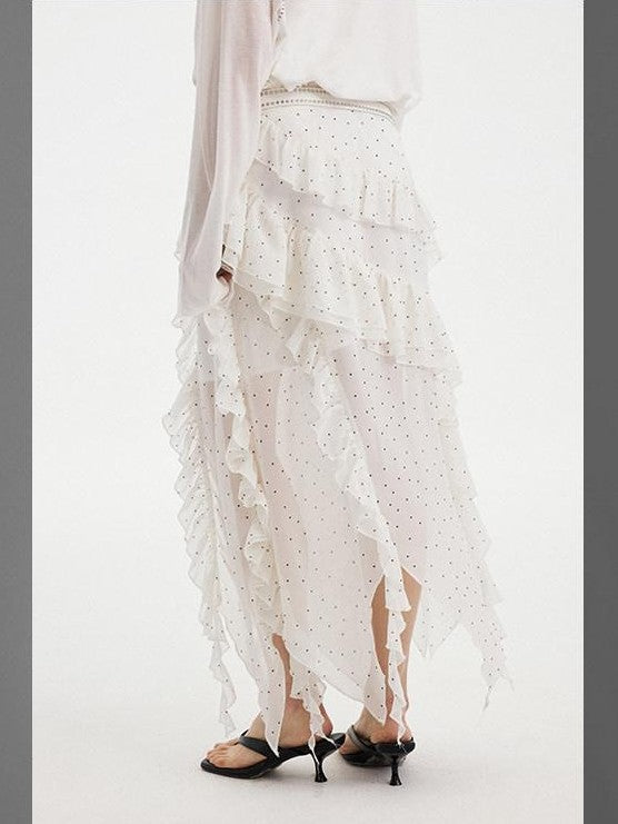DIDDI MODA Polka Dot Ruffle Spliced Asymmetric A Line Women&