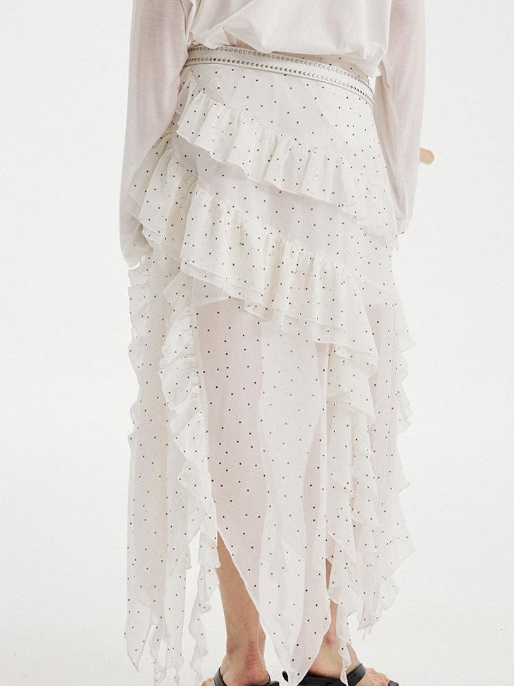 DIDDI MODA Polka Dot Ruffle Spliced Asymmetric A Line Women&