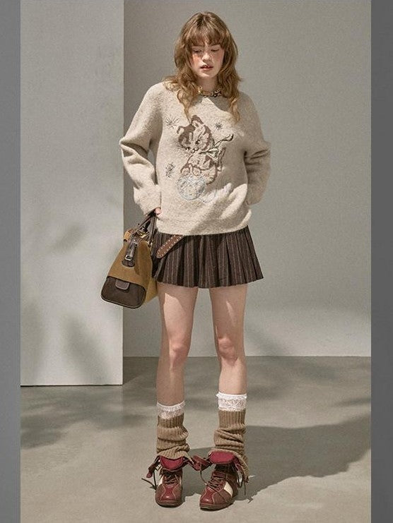 DIDDI MODA Pompom Embroidered Kitten Round Neck Loose Women&
