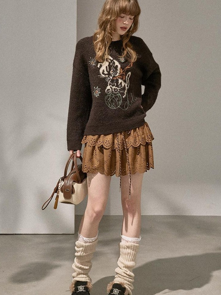 DIDDI MODA Pompom Embroidered Kitten Round Neck Loose Women&