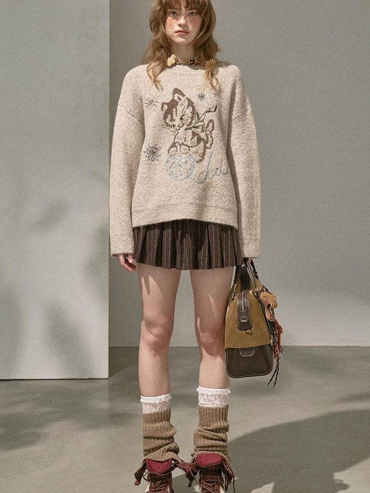 DIDDI MODA Pompom Embroidered Kitten Round Neck Loose Women&