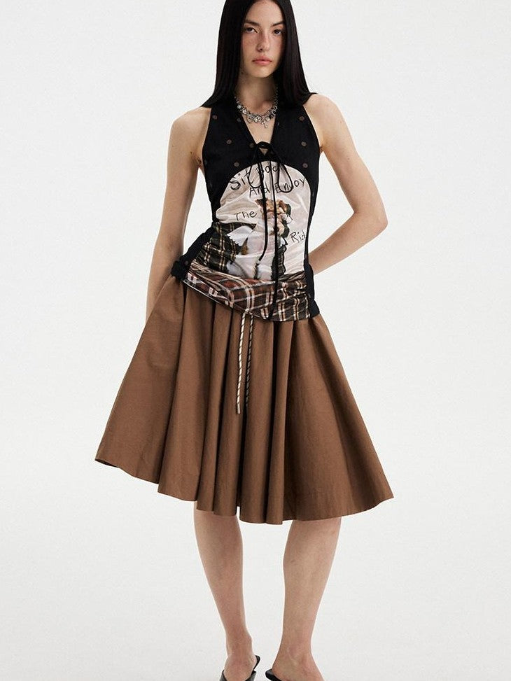 DIDDI MODA Puppy Print Polka Dot Coffee Brown V-neck Women&