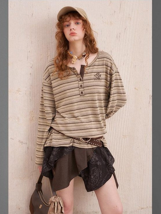 DIDDI MODA Retro Brown Striped Embroidered Loose Women&