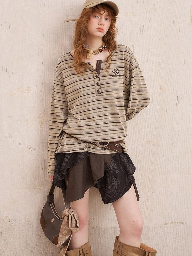 DIDDI MODA Retro Brown Striped Embroidered Loose Women&