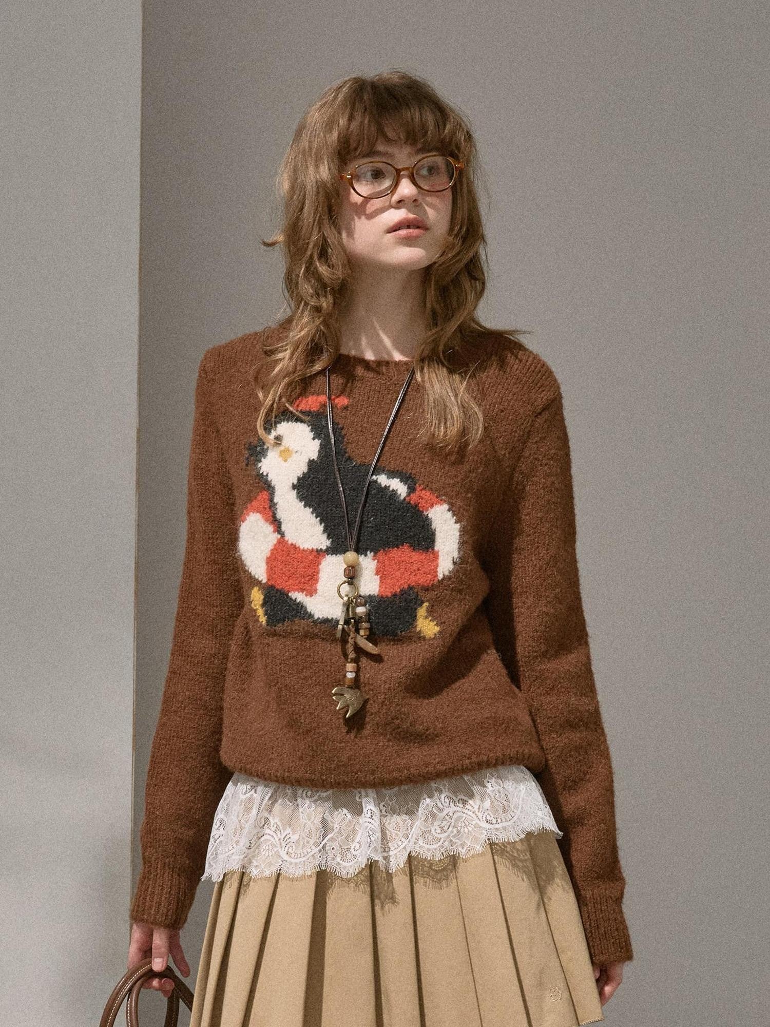 DIDDI MODA Retro Penguin Jacquard Knitted Round Neck Women&