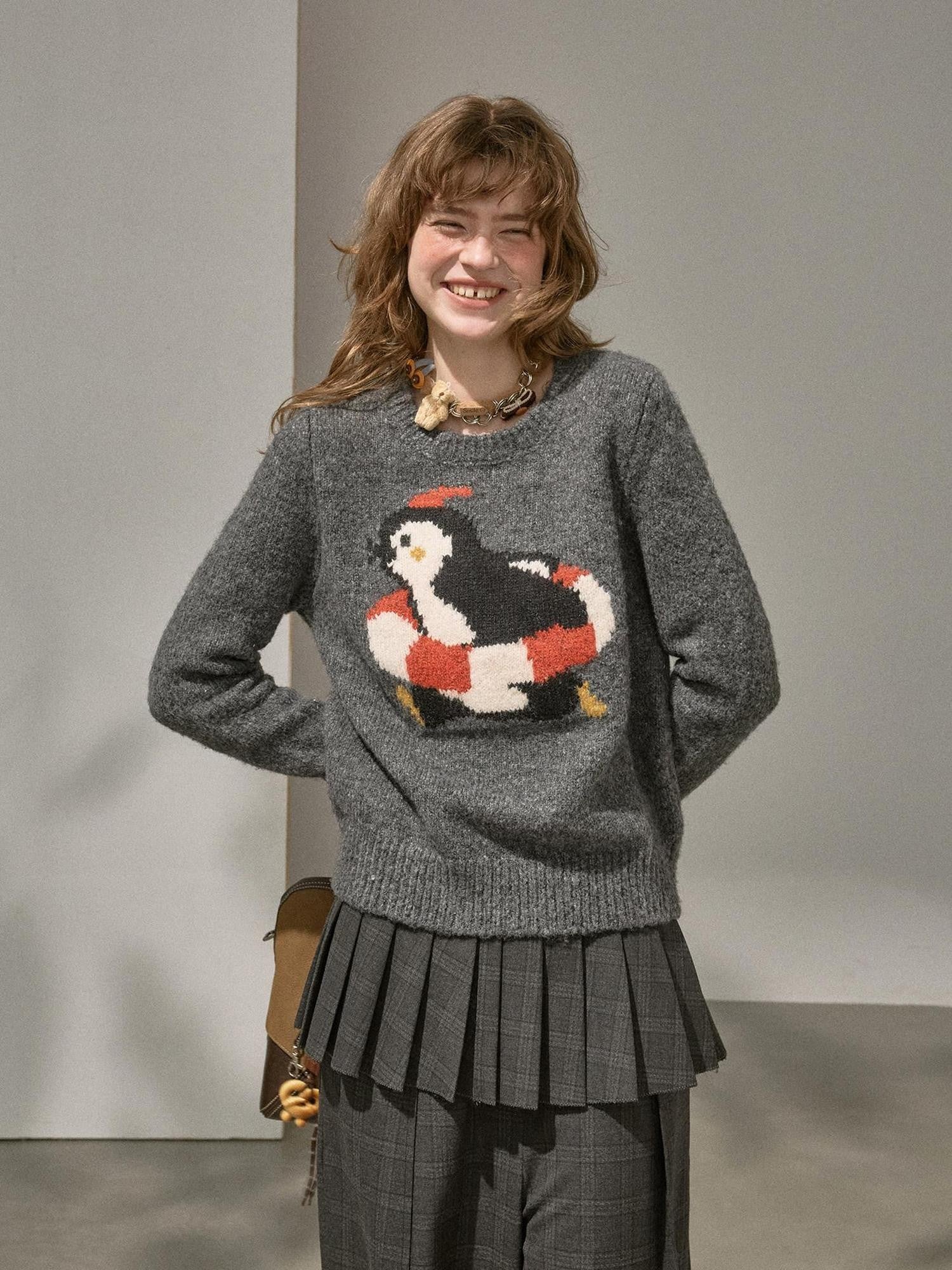 DIDDI MODA Retro Penguin Jacquard Knitted Round Neck Women&