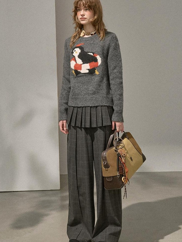 DIDDI MODA Retro Penguin Jacquard Knitted Round Neck Women&